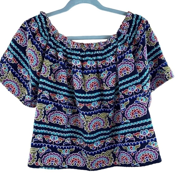 Aqua On/Off-Shoulder Navy w/Floral All-Over Embroidery Colorful Top/Shirt S - Picture 2 of 7